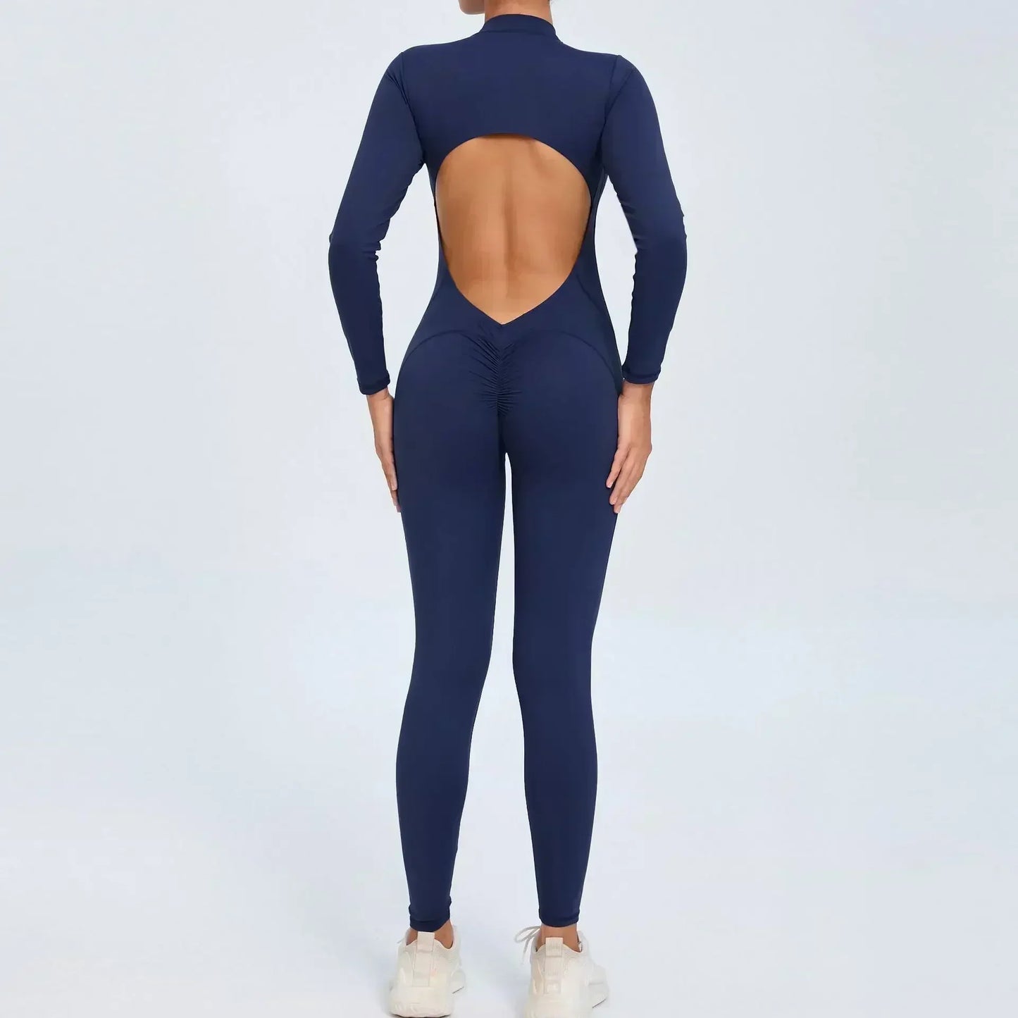 Nahtlose Yoga-Reißverschluss Bodysuit, Fitness Schönheit mit Hüft-Lifting, Turnanzug, langarm