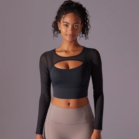 Mesh Yoga Shirt, langarm mit sexy Ausschnitt