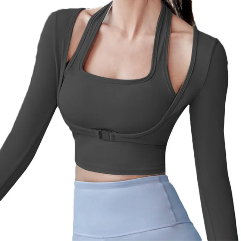 Langarm Oberteil mit Schnalle, Sexy Workout Top