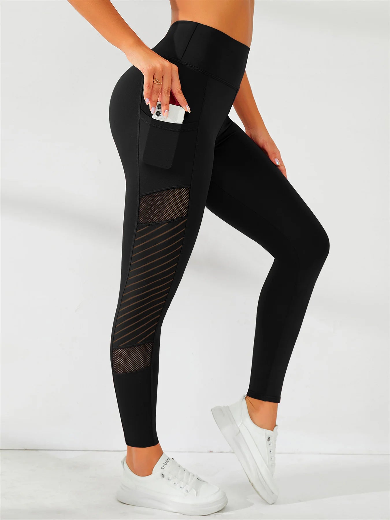 Seitliche Mesh-Sport Leggins mit Taschen